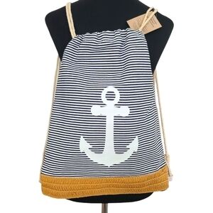 Trïbe Canvas & Rattan Nautical Blue & White Striped Drawstring Backpack NWT